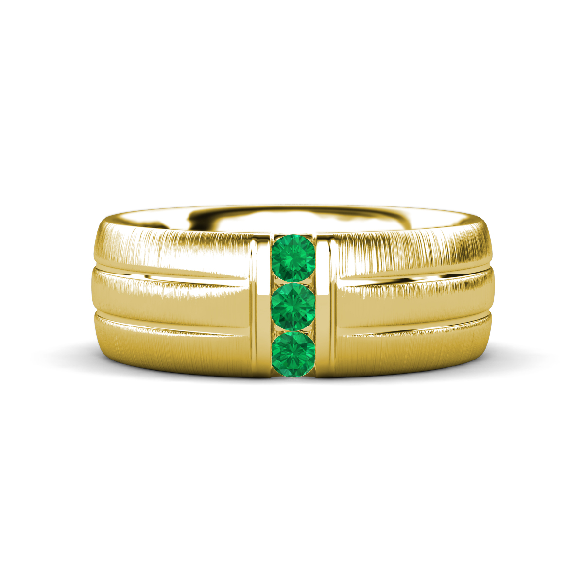 LeBron Round Emerald with Brushed and Polished Finish Three Stone Men's Wedding Band (8 mm) 